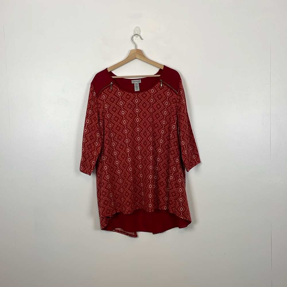 Catherines Womens 1X Pullover Faux Sip Shoulder 3/4 Sleeve Scooped Neck Tunic
